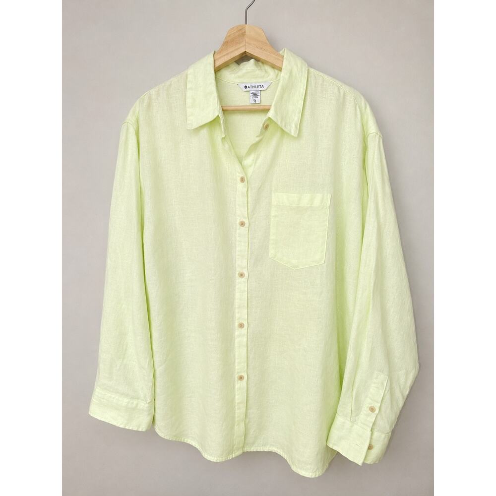New Athleta XL Retreat European Linen Calla Lily Shirt Green Airy Button Blouse